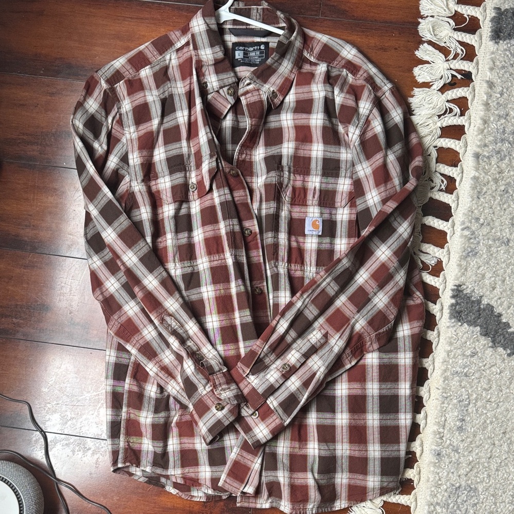 Carhartt Men's Red and White Plaid Button Down Shirt